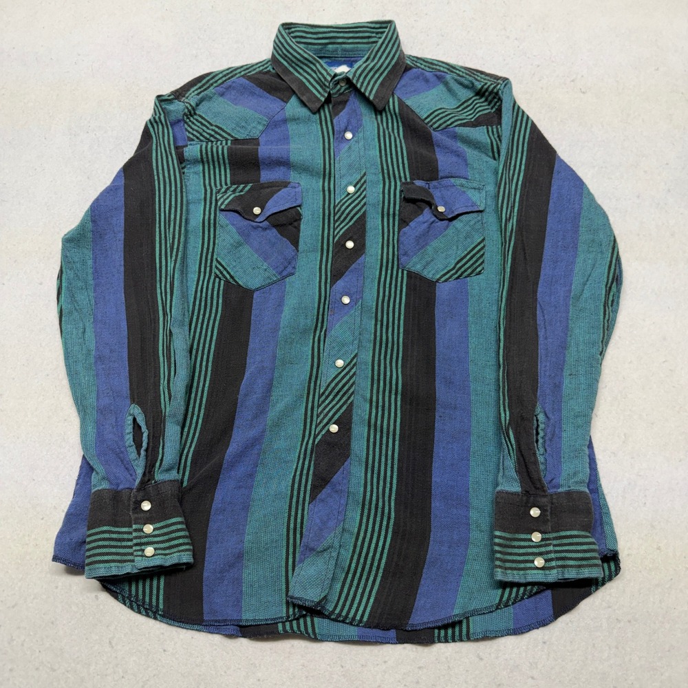 Vintage Wrangler Western Shirt Mens Large Teal Blue Striped Pearl Snap Y2K